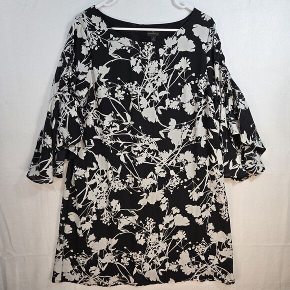 Worthington Womens Dress Black White Floral Lace Up Flutter Sleeve Flowy Large - Picture 1 of 10